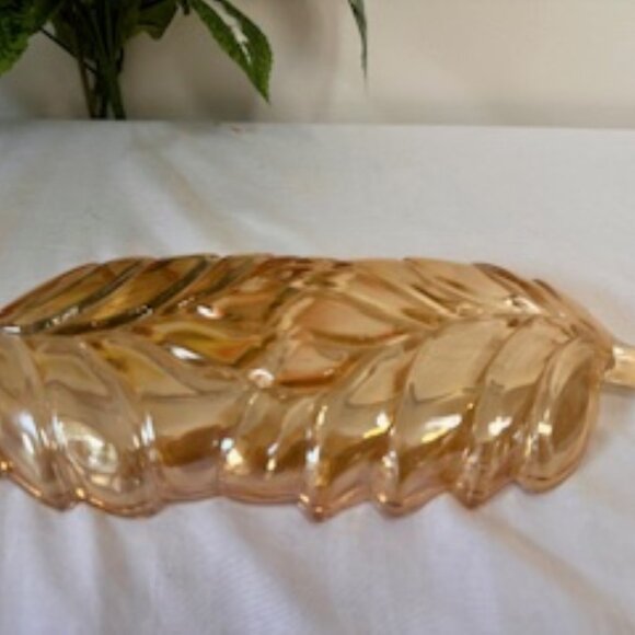 Vintage Marigold Carnival Glass Leaf Dish Iridescent Fall Decor Retro Glass Tray - Picture 5 of 6